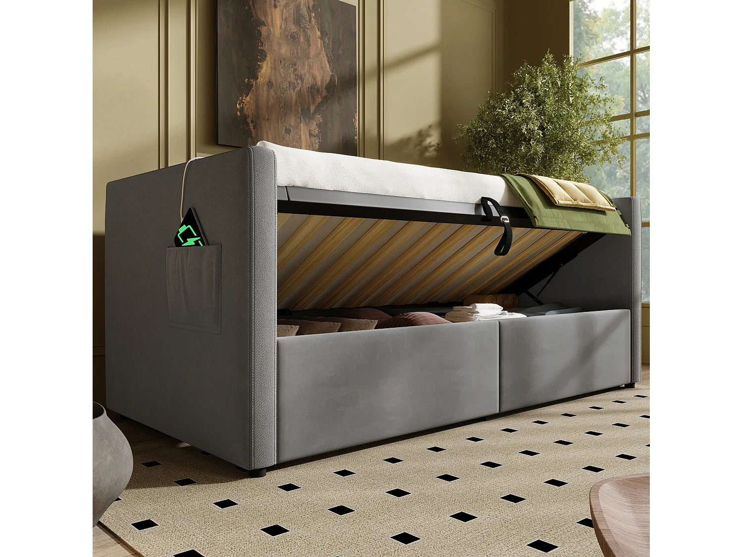 Canapé-lit capitonné - 90 x 190 cm - avec rangement hydraulique + USB & Type-C - velours - gris