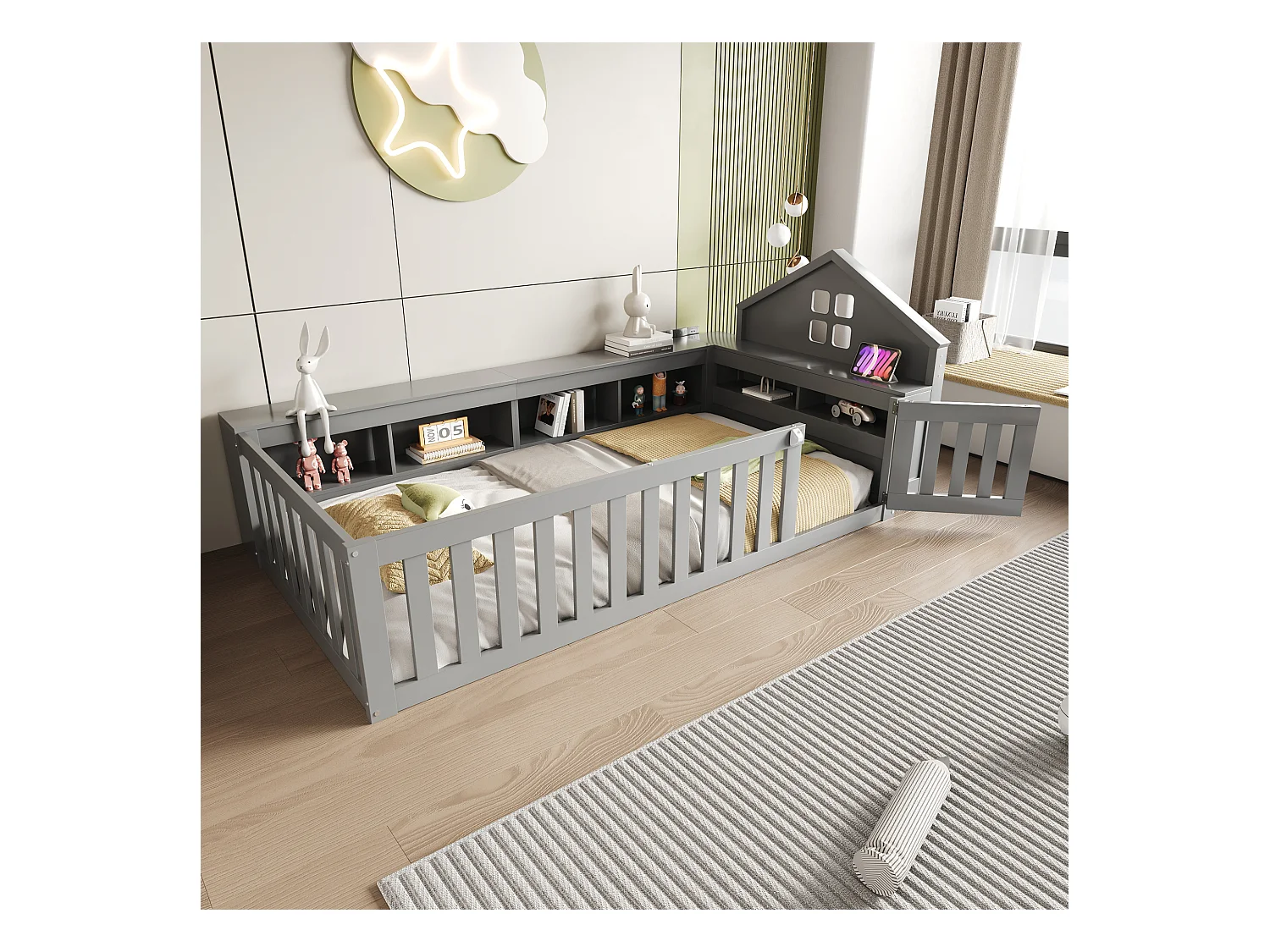 Kinderbett - 90 x 200 cm - mit Fenster + Stauraum + Rausfallschutz + Tür - Sperrholz + MDF + Kiefernholz - grau