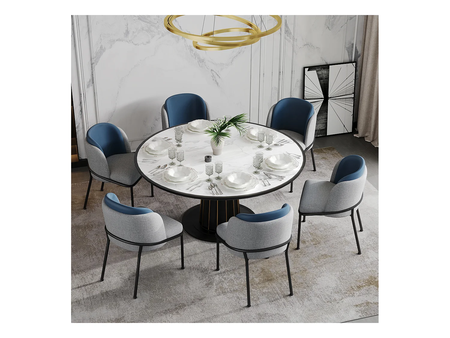 Lot de 6 chaises - 55 x 55 x 85 cm - pieds réglables inclinables - métal + similicuir - gris/bleu marine