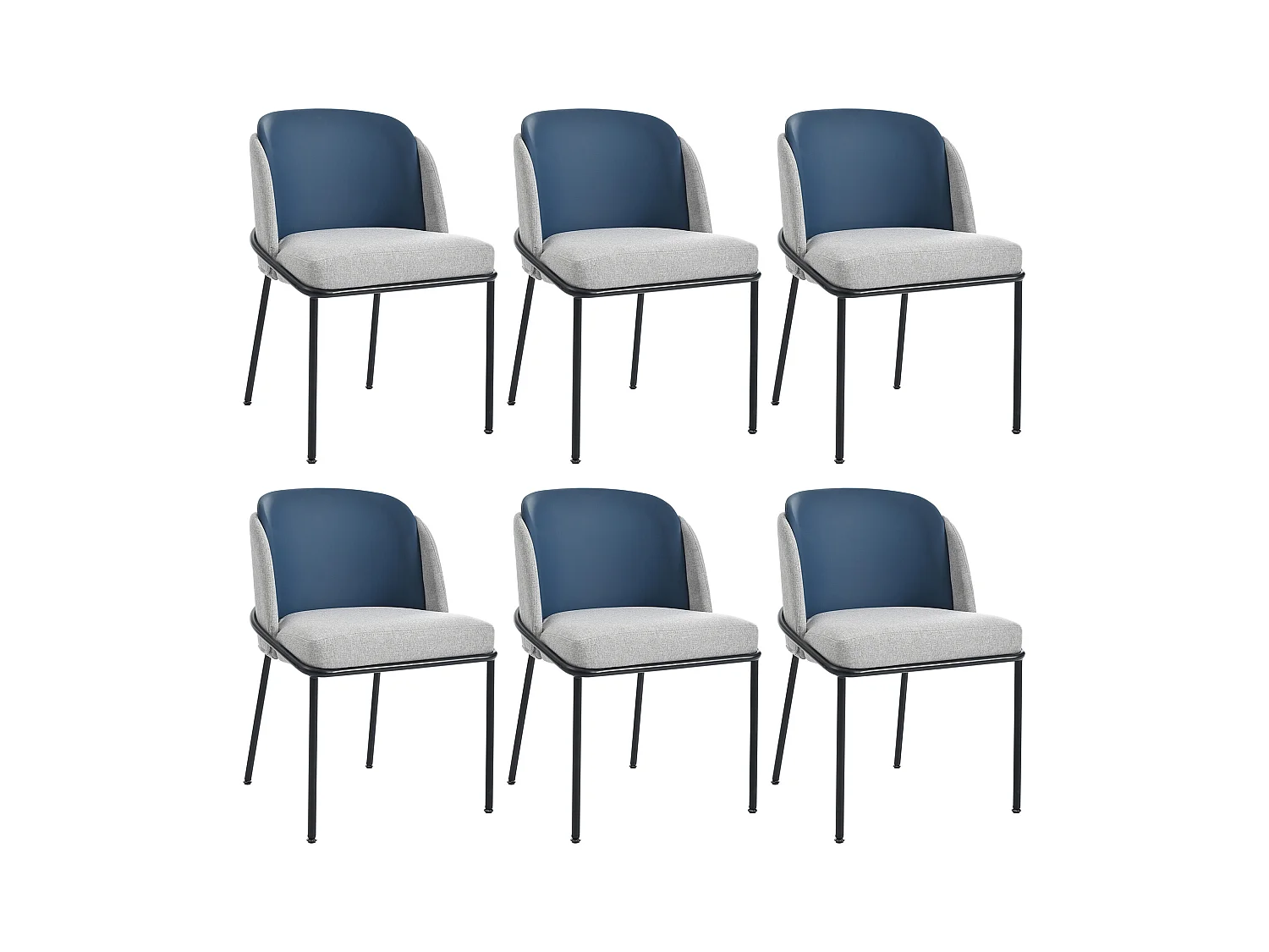 Lot de 6 chaises - 55 x 55 x 85 cm - pieds réglables inclinables - métal + similicuir - gris/bleu marine