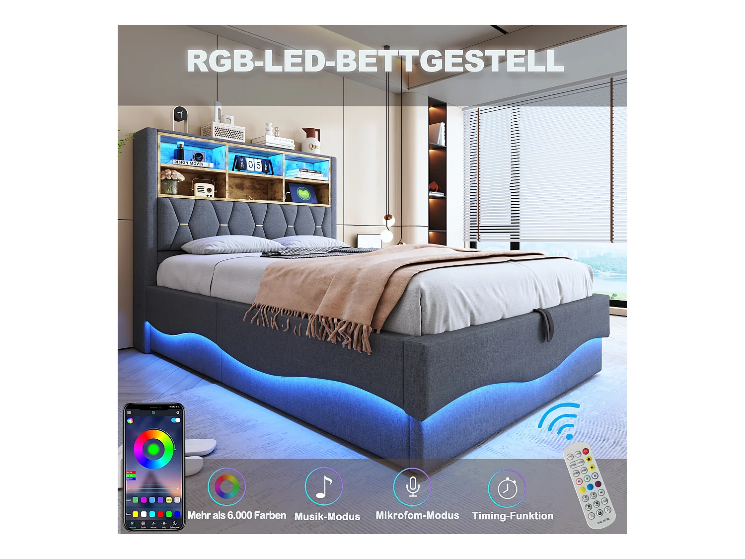 Letto contenitore imbottito - 140 x 200 cm - contenitore idraulico - con LED + USB - Lino + Metallo + Compensato + MDF - grigio