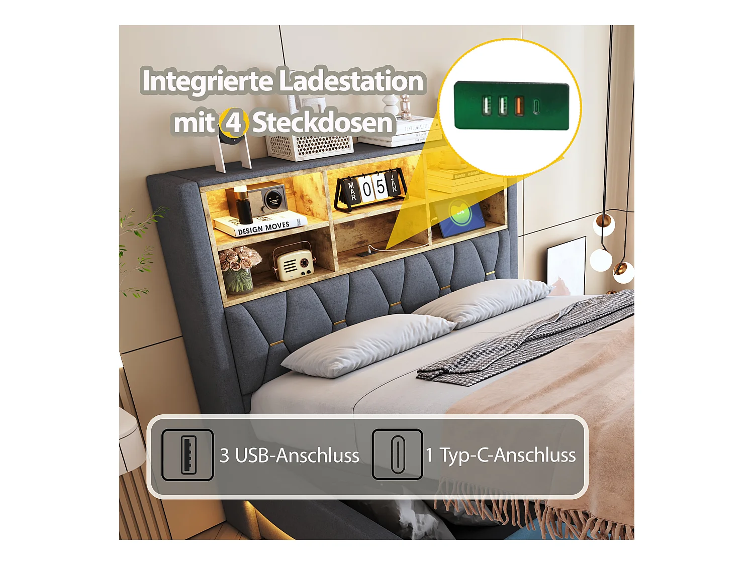 Letto contenitore imbottito - 140 x 200 cm - contenitore idraulico - con LED + USB - Lino + Metallo + Compensato + MDF - grigio