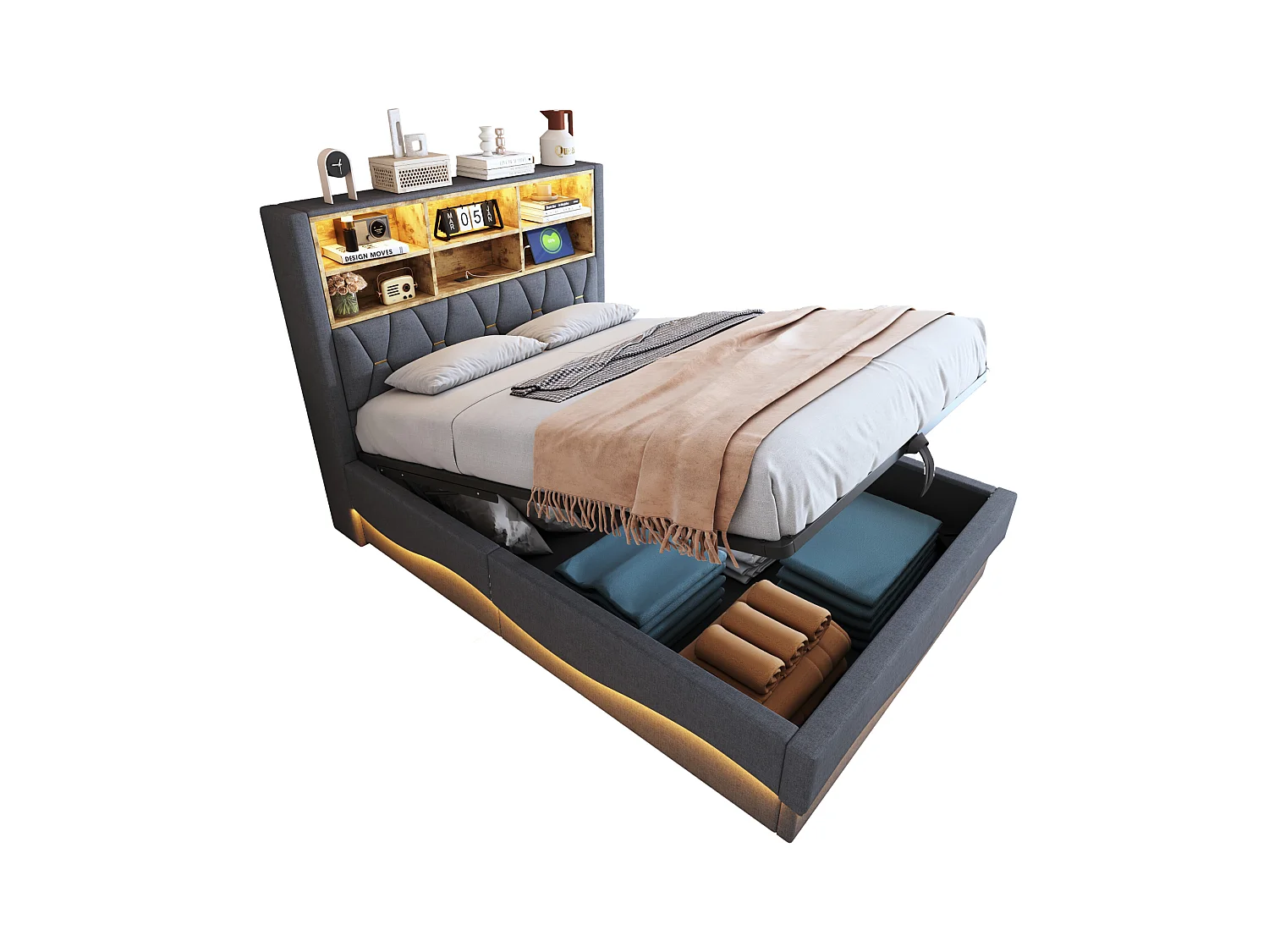 Letto contenitore imbottito - 140 x 200 cm - contenitore idraulico - con LED + USB - Lino + Metallo + Compensato + MDF - grigio