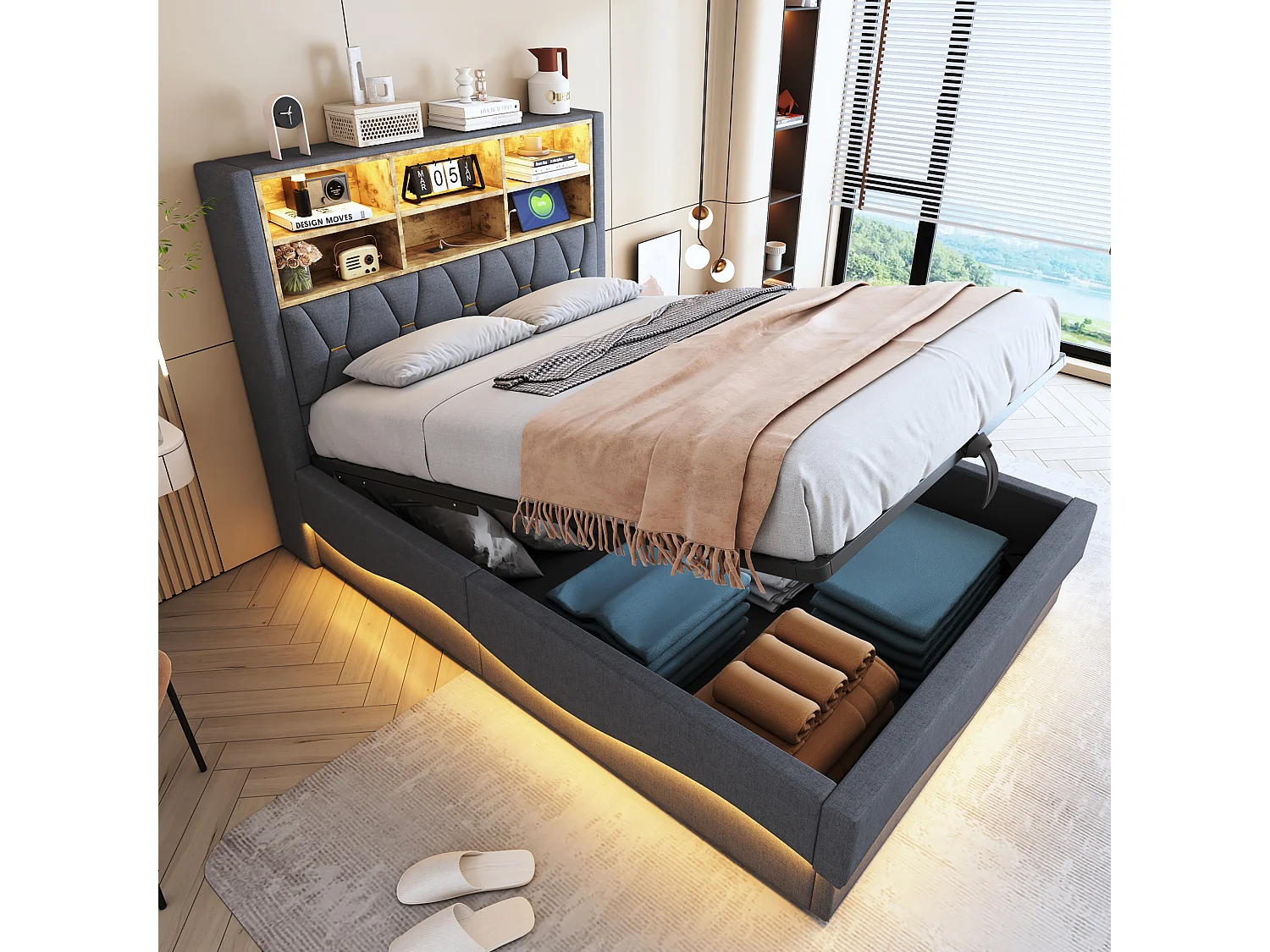 Lit coffre rembourré - 140 x 200 cm - rangement hydraulique - avec Leds + USB - Lin + Métal + Contreplaqué + MDF - gris