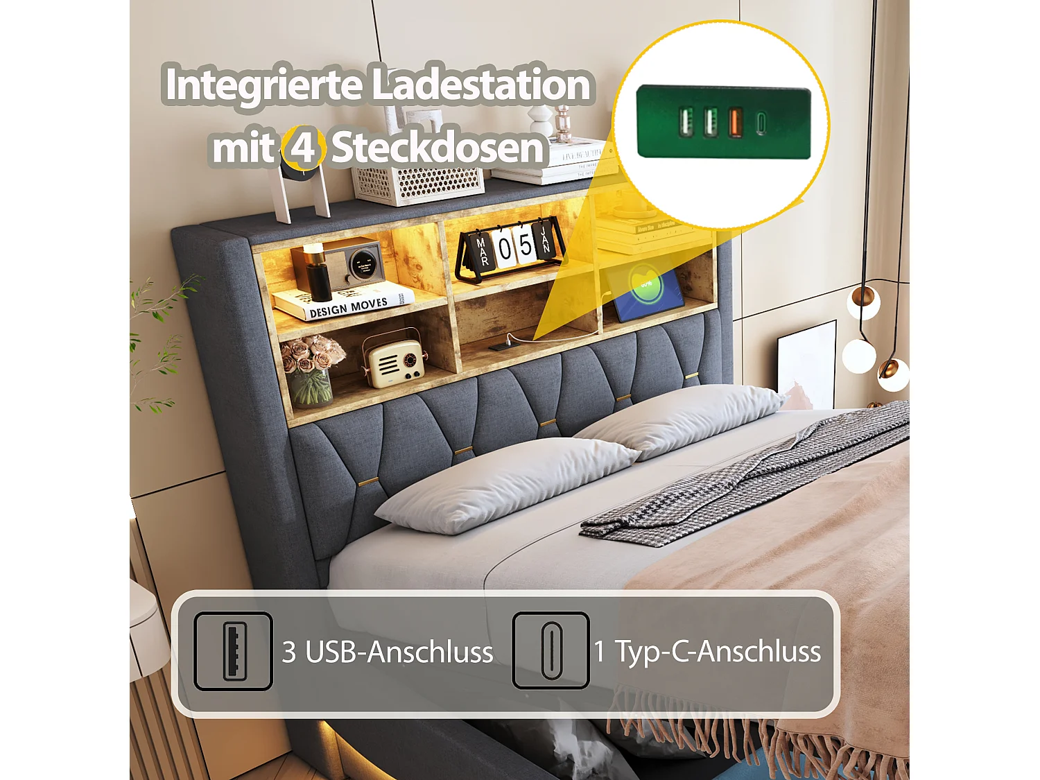 Lit coffre rembourré - 140 x 200 cm - rangement hydraulique - avec Leds + USB - Lin + Métal + Contreplaqué + MDF - gris