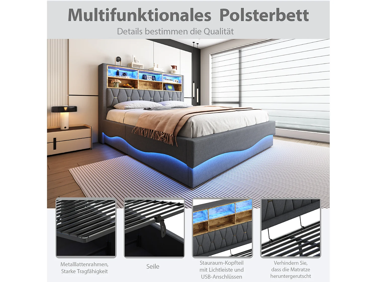 Lit coffre rembourré - 140 x 200 cm - rangement hydraulique - avec Leds + USB - Lin + Métal + Contreplaqué + MDF - gris