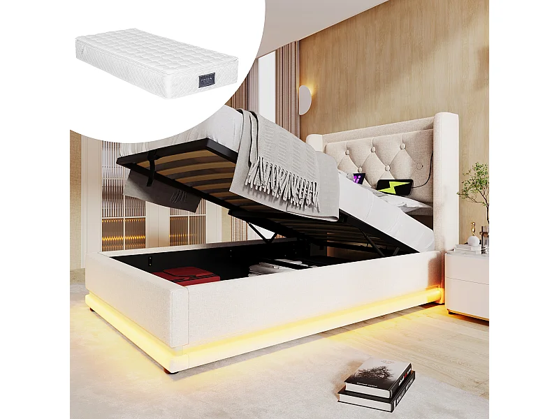 Łóżko dziecięce z pojemnikiem na pościel - 90 x 200 cm - z materacem + diody LED + zagłówek z USB - bawełna - beż