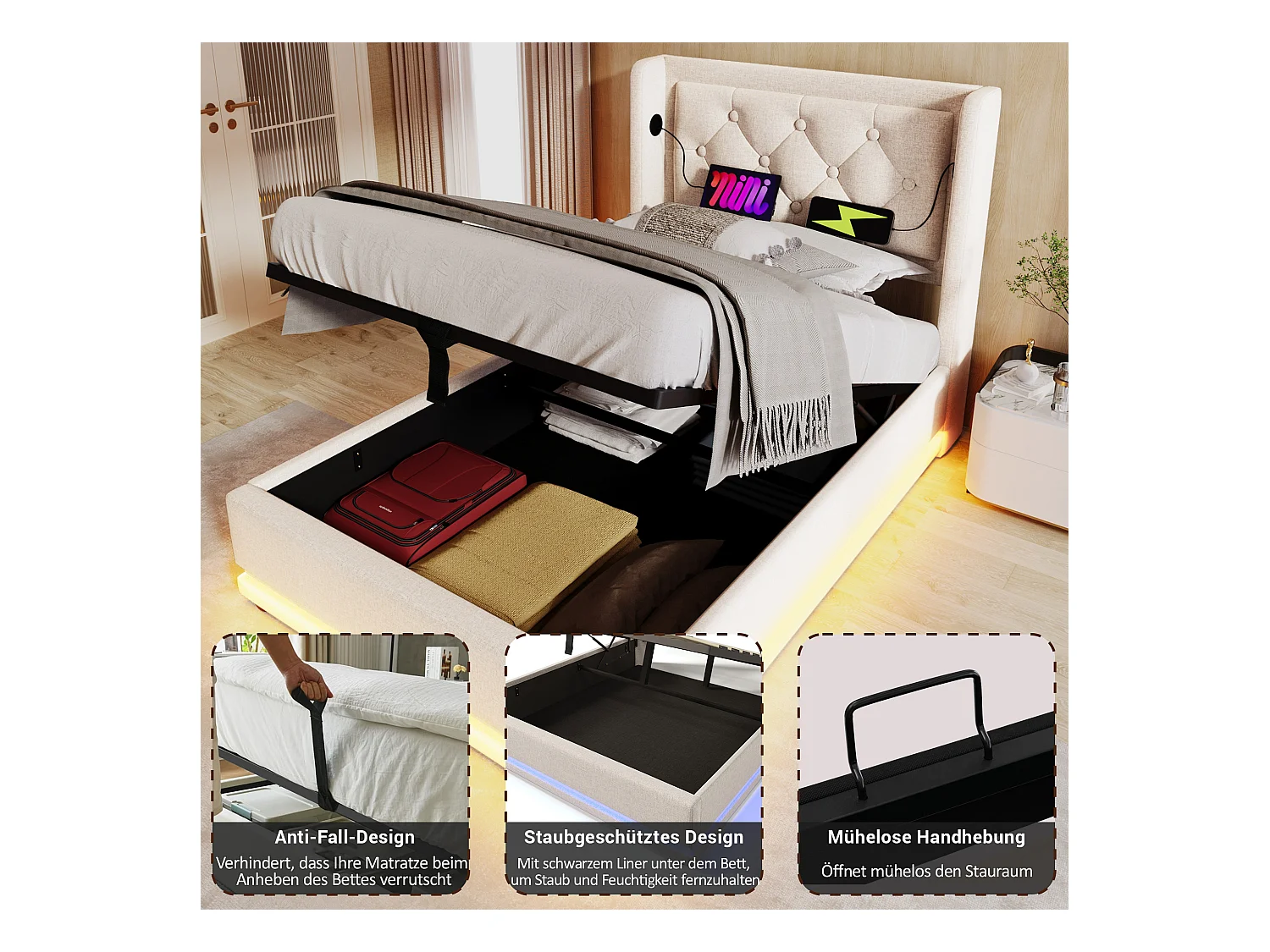 Lit coffre rembourré pour enfant - 90 x 200 cm - avec Matelas + Leds + Tête avec USB - coton - beige