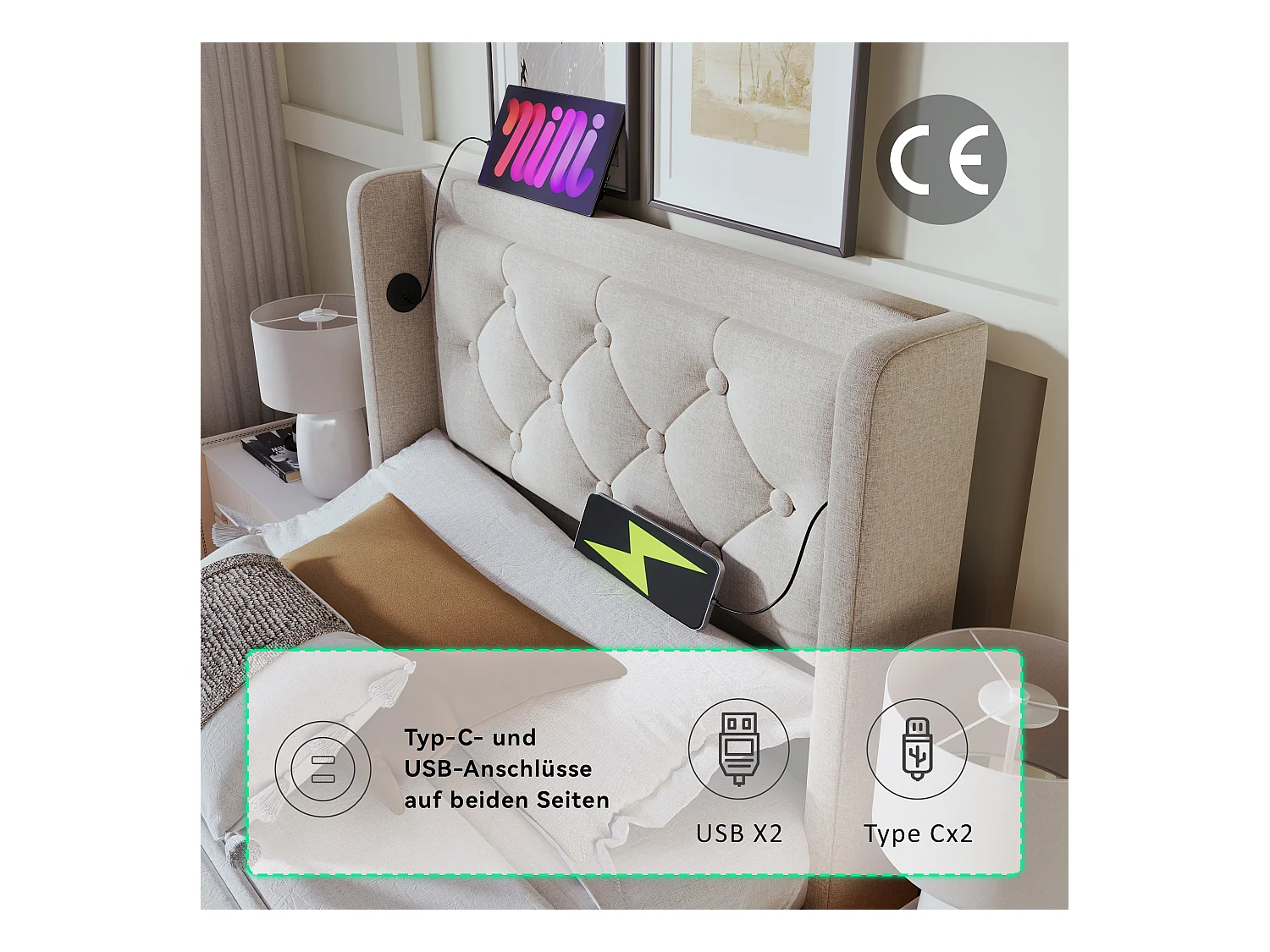 Lit coffre rembourré pour enfant - 90 x 200 cm - avec Matelas + Leds + Tête avec USB - coton - beige