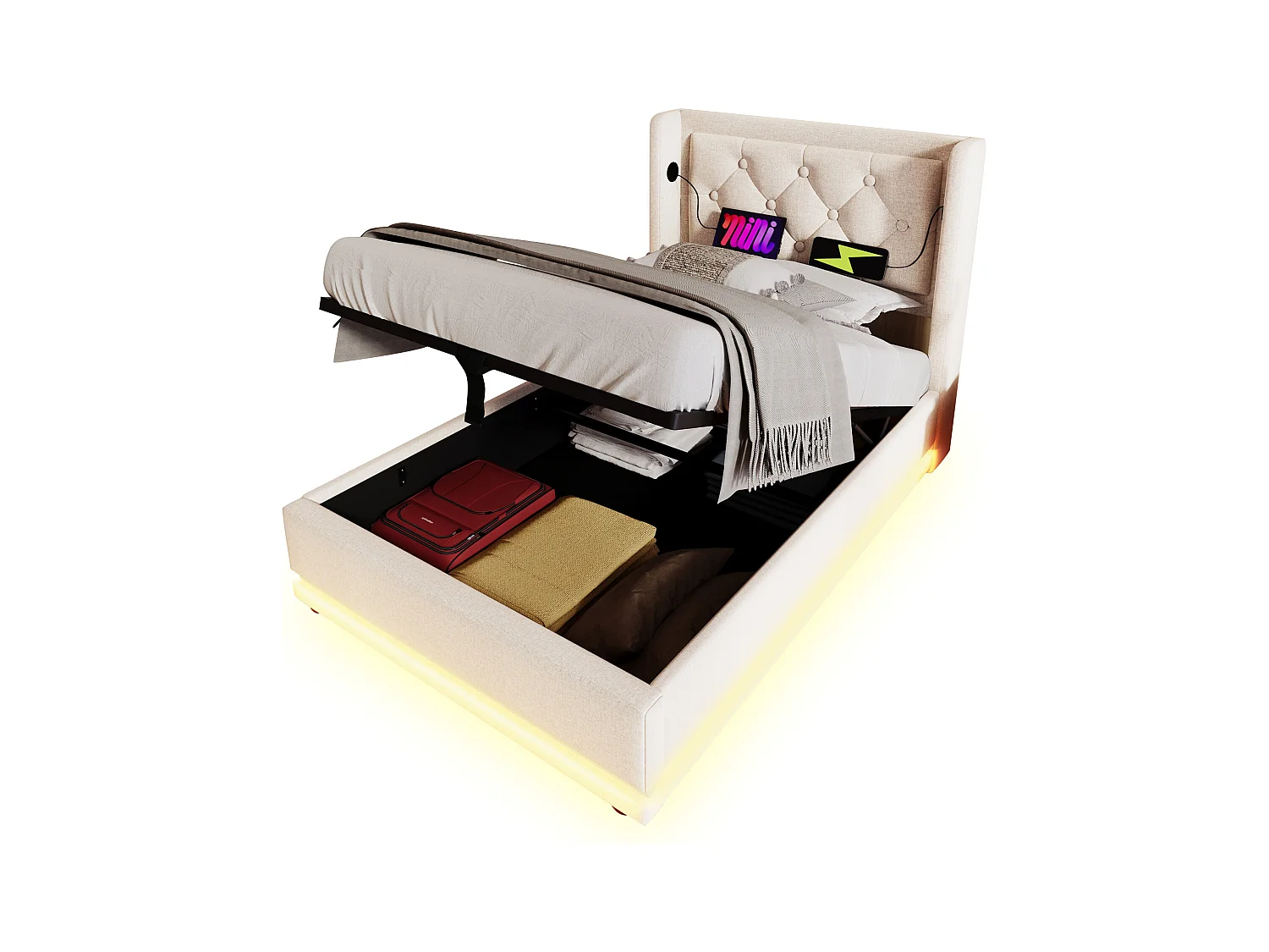 Lit coffre rembourré pour enfant - 90 x 200 cm - avec Matelas + Leds + Tête avec USB - coton - beige