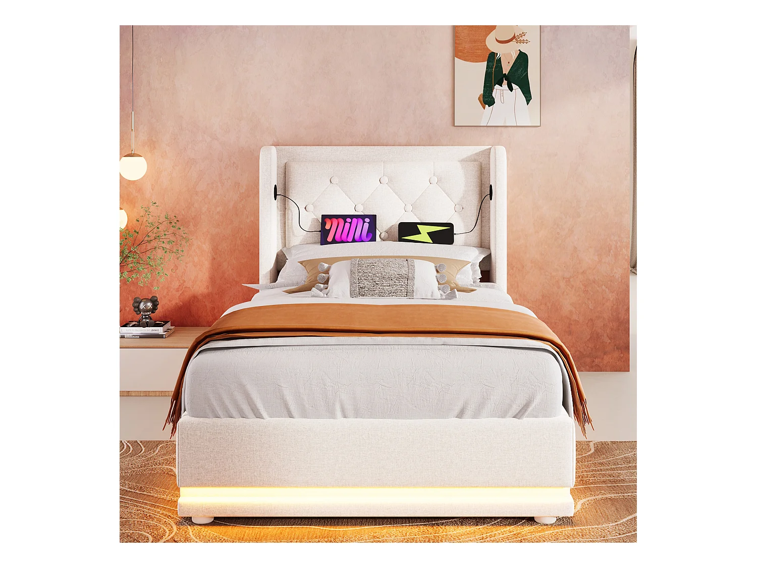 Lit coffre rembourré pour enfant - 90 x 200 cm - avec Matelas + Leds + Tête avec USB - coton - beige