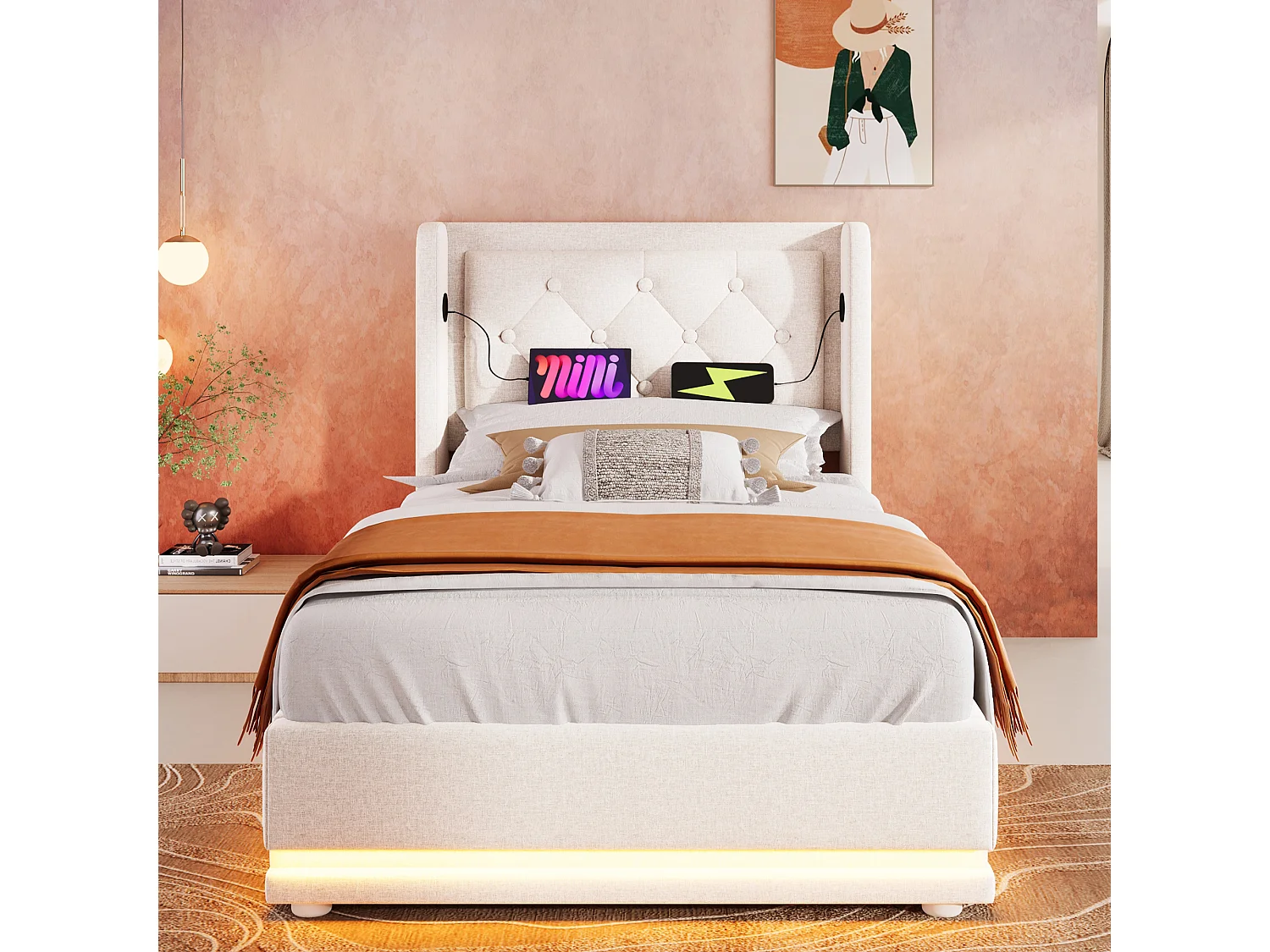 Gepolstertes Kinderbett mit Stauraum - 90 x 200 cm - mit Matratze + LEDs + Kopfteil mit USB - Baumwolle - Beige