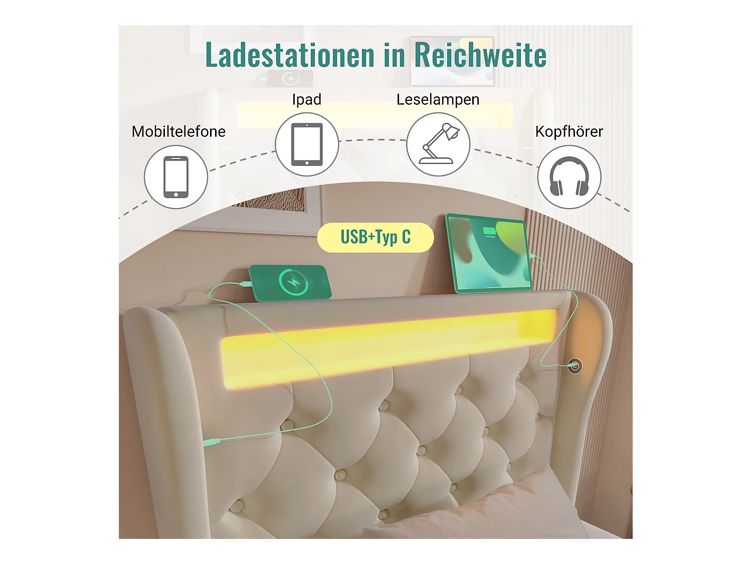 Polsterbett mit Stauraum - 90 x 200 cm - mit LEDs - Kopfteil mit Stauraum und USB - mit Matratze - Samt - Beige