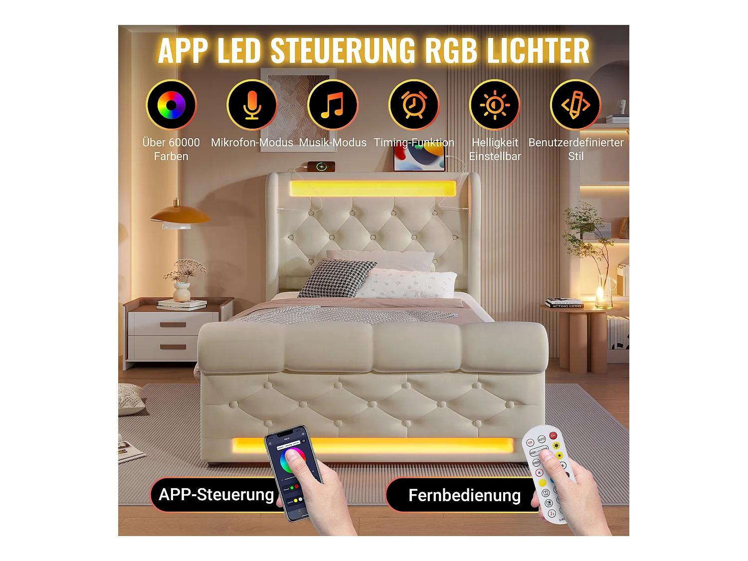 Polsterbett mit Stauraum - 90 x 200 cm - mit LEDs - Kopfteil mit Stauraum und USB - mit Matratze - Samt - Beige