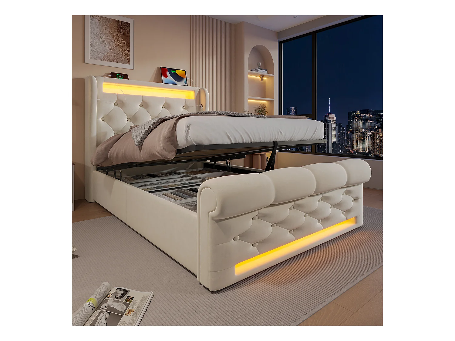 Polsterbett mit Stauraum - 90 x 200 cm - mit LEDs - Kopfteil mit Stauraum und USB - mit Matratze - Samt - Beige