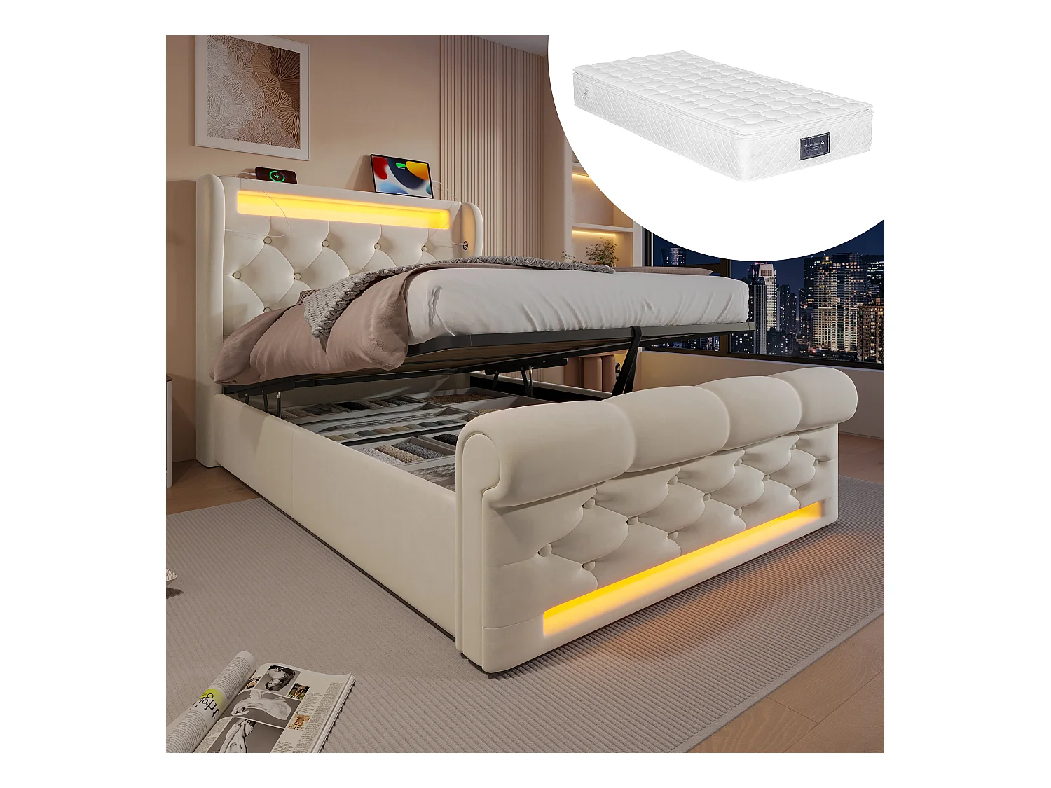 Lit coffre rembourré - 90 x 200 cm - avec Leds - tête de lit avec rangement et USB - avec matelas - velours - beige