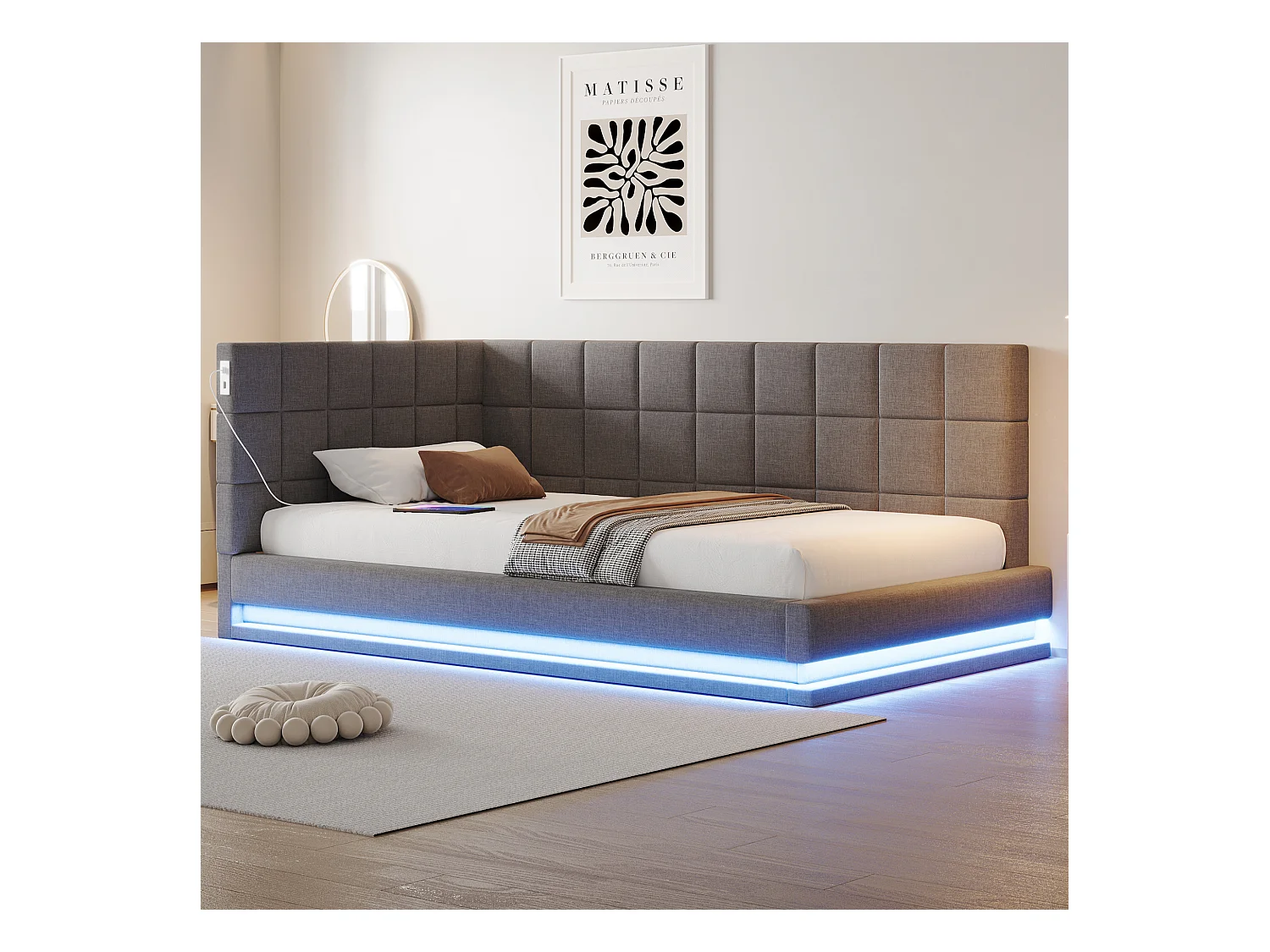 Canapé-lit rembourré - 90 x 200 cm - avec Leds + USB + sommier à lattes - velours - gris