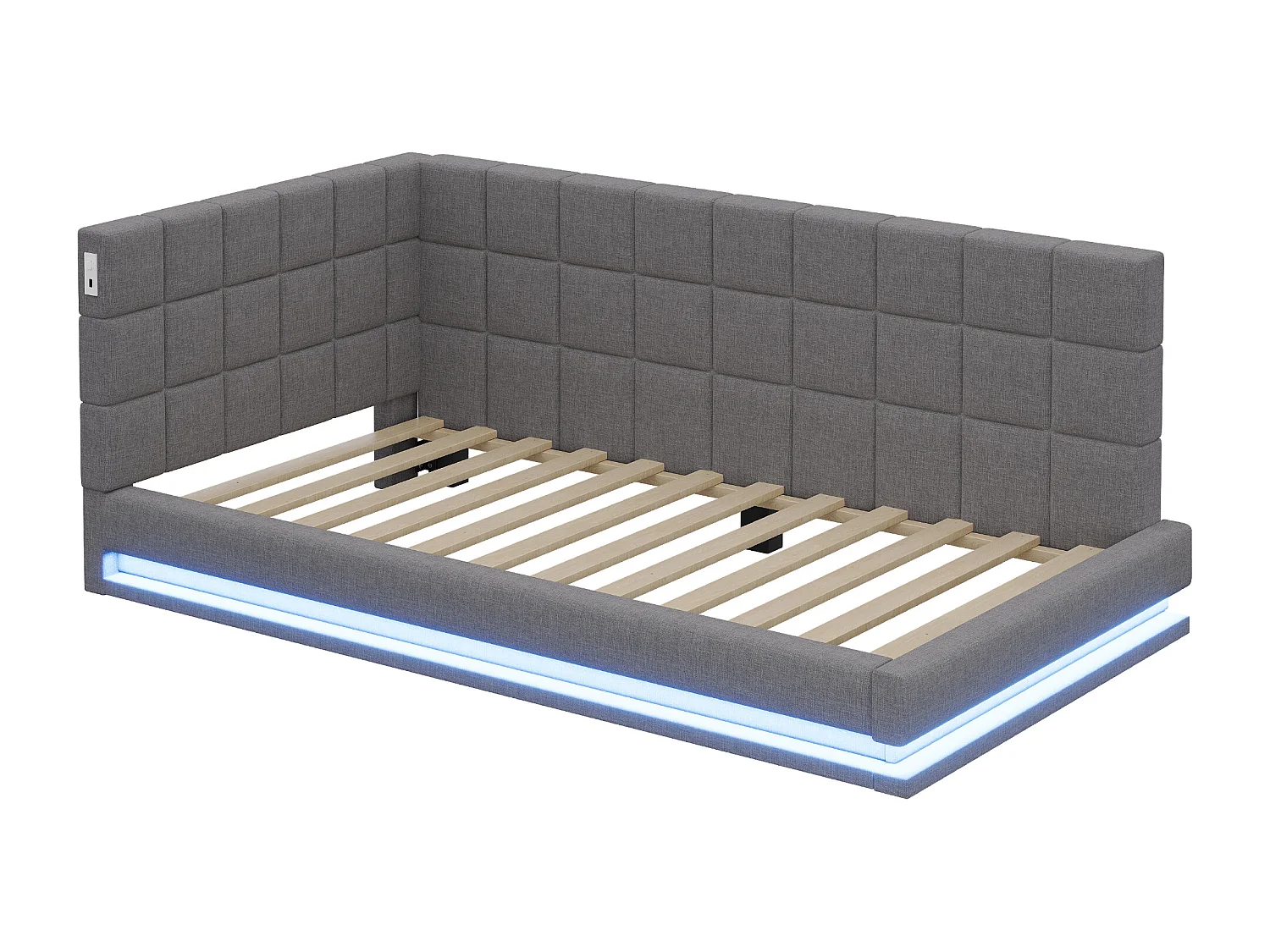 Canapé-lit rembourré - 90 x 200 cm - avec Leds + USB + sommier à lattes - velours - gris