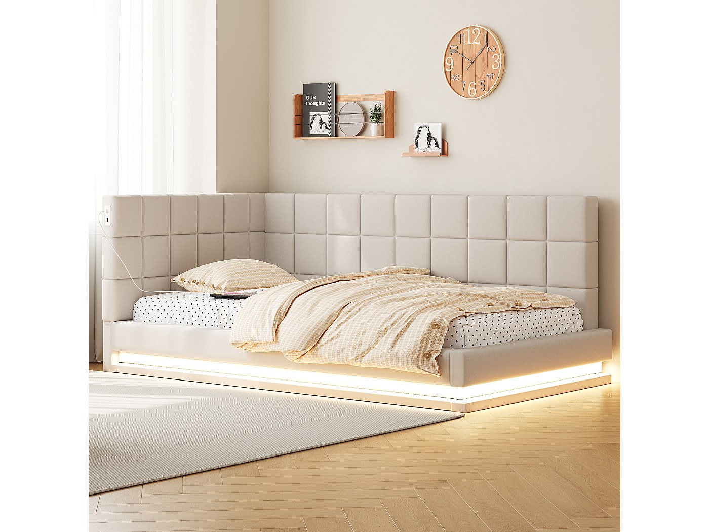 Divano Letto Imbottito In Velluto – 90/180 X 190 Cm Con Braccioli Portaoggetti E Porte USB – Struttura In Metallo, Doghe Incluse – Colore Beige