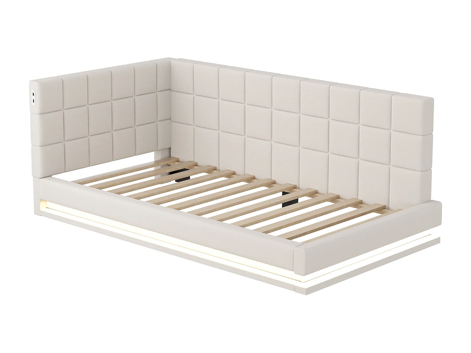 Canapé-lit rembourré - 90 x 200 cm - avec Leds + USB + sommier à lattes - velours - beige