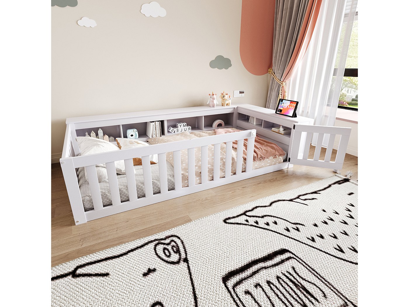 Meisjesbed, 90 x 200 cm, gevoerd bed met lattenbodem en led-hoofdeinde, wolk, verstelbaar, PU (roze