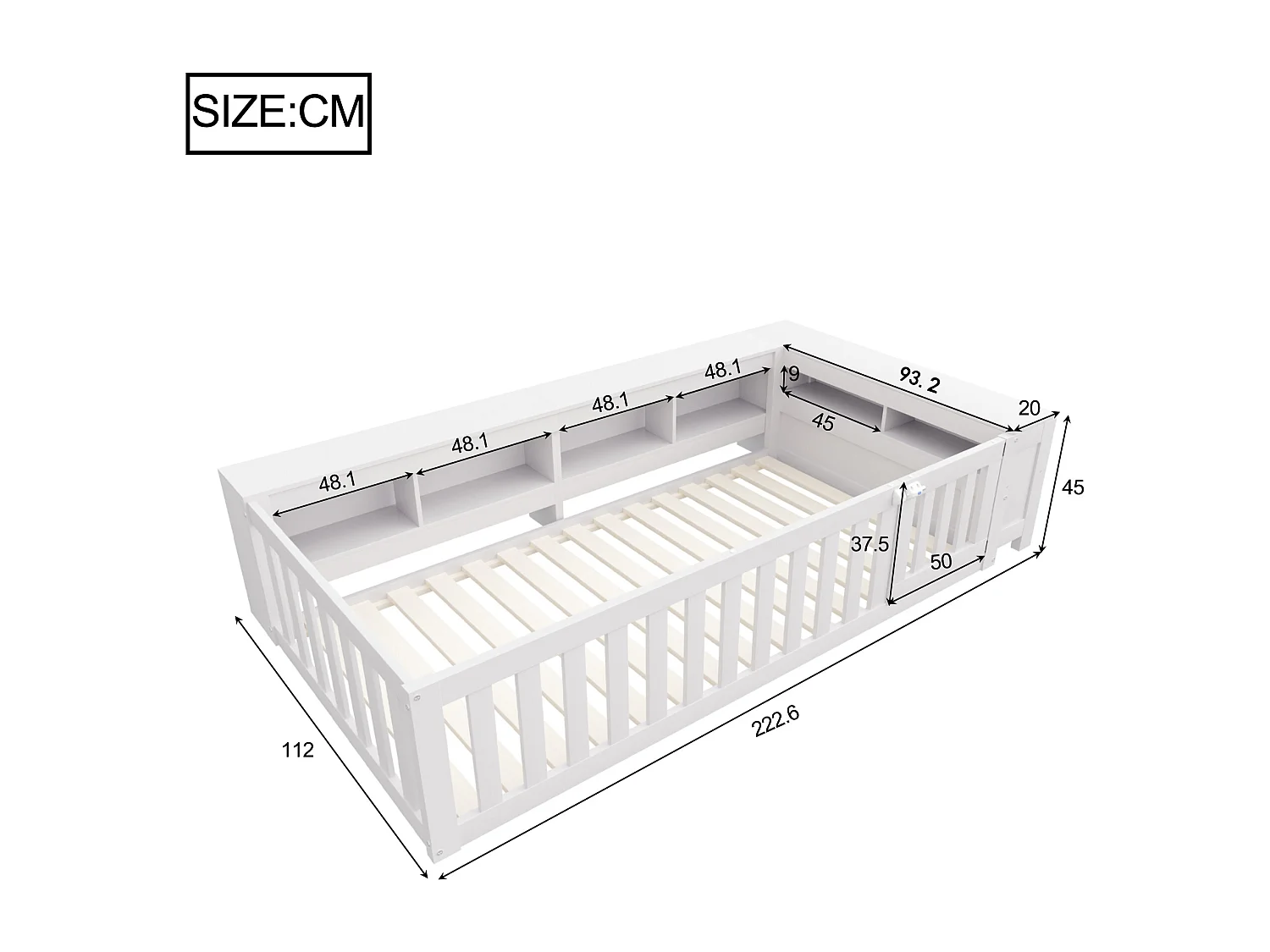 Cama infantil - 90 x 200 cm - con almacenaje + barrera de seguridad + puerta - Contrachapado + MDF + madera de pino - blanco