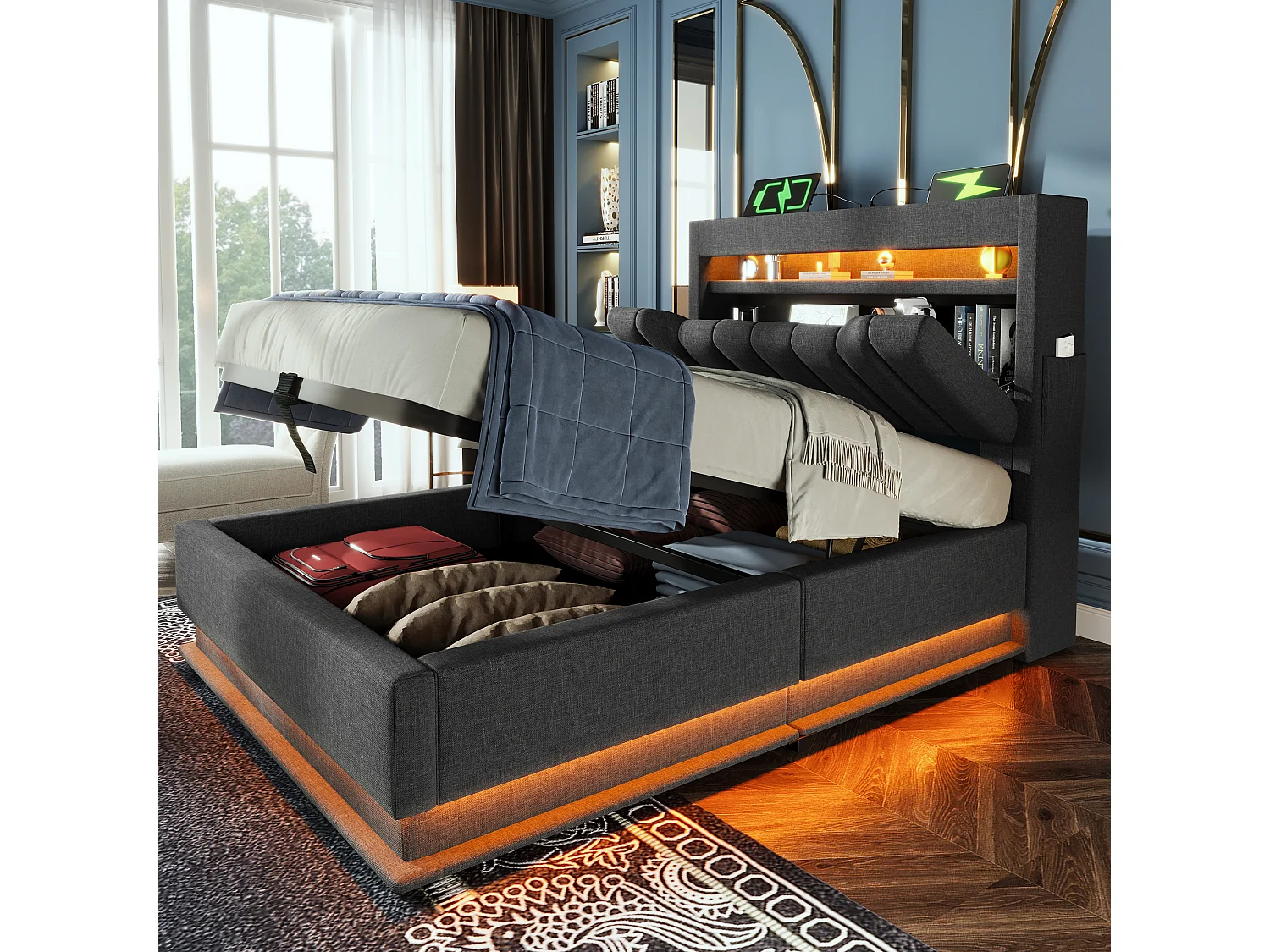 Łóżko tapicerowane ze schowkiem - 90 x 200 cm - zagłówek ze schowkiem z USB i Type-C - z diodami LED - z materacem - len - szary