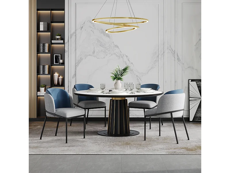 Set van 4 stoelen - 55 x 55 x 85 cm - Verstelbare kantelpoten - Metaal + Kunstleer - Grijs/Marineblauw