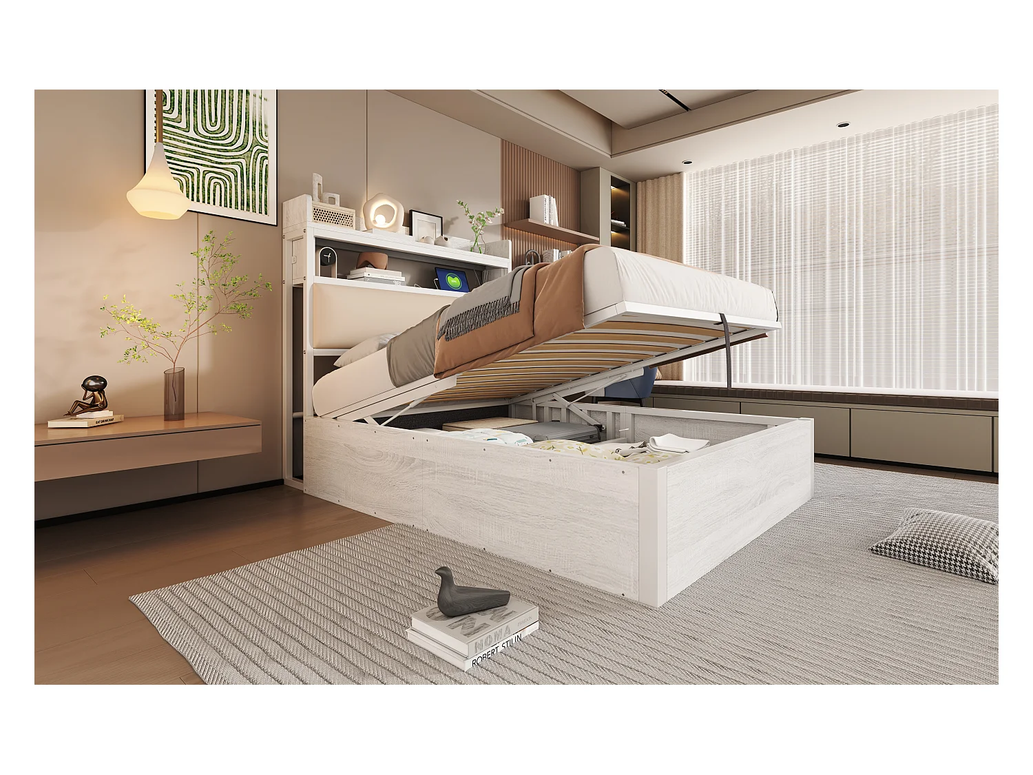 Lit coffre vintage - 90 x 200 - avec USB + tête de lit rembourrée avec rangement - Métal + tissu + MDF - blanc