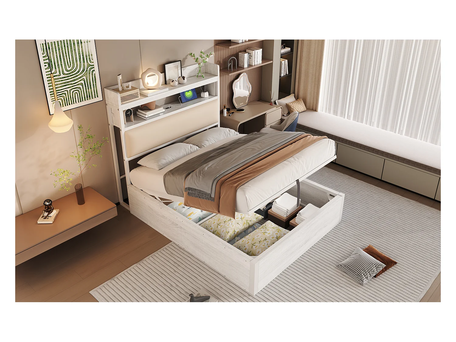 Lit coffre vintage - 90 x 200 - avec USB + tête de lit rembourrée avec rangement - Métal + tissu + MDF - blanc