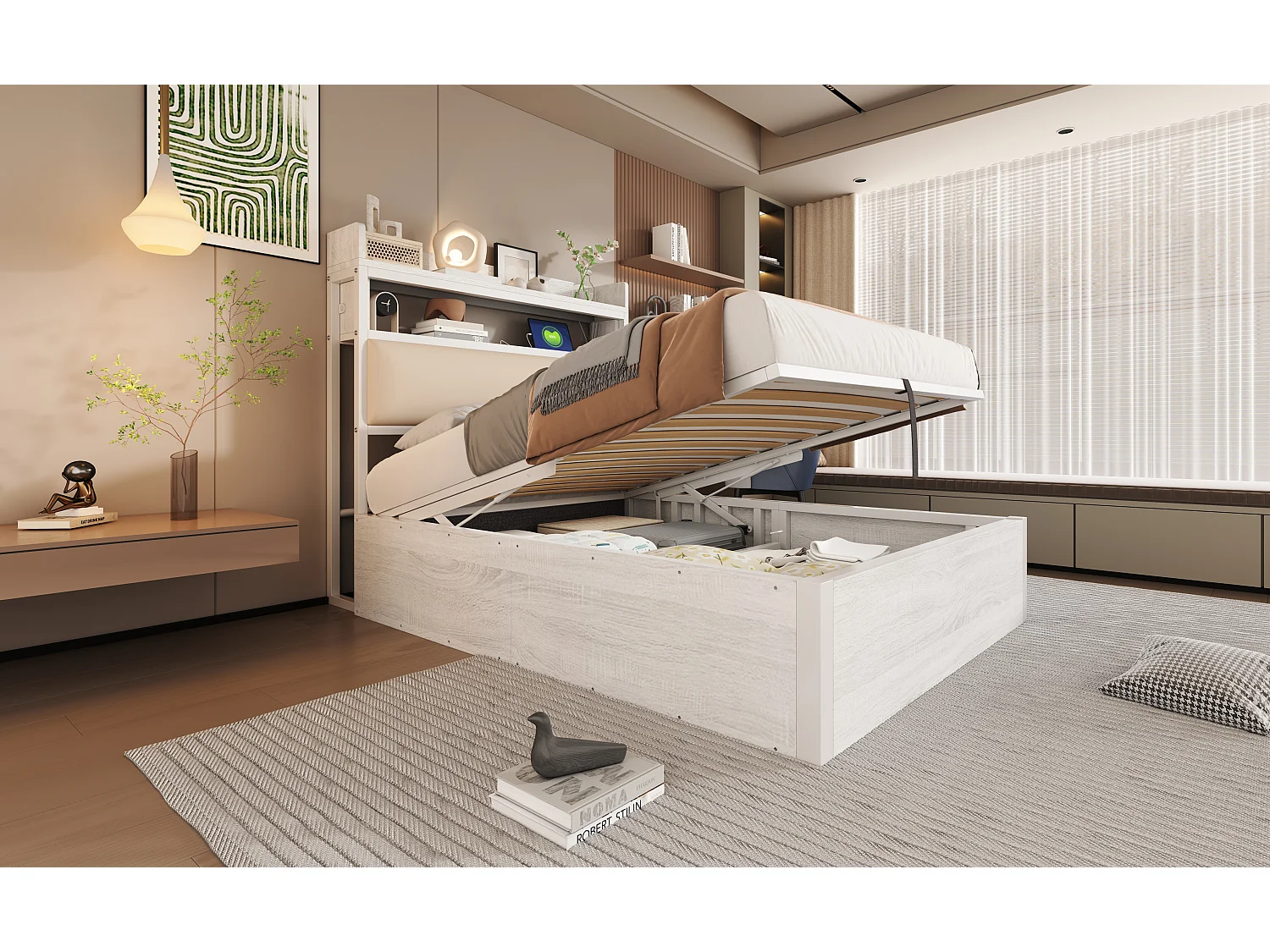 Lit coffre vintage - 90 x 200 - avec USB + tête de lit rembourrée avec rangement - Métal + tissu + MDF - blanc