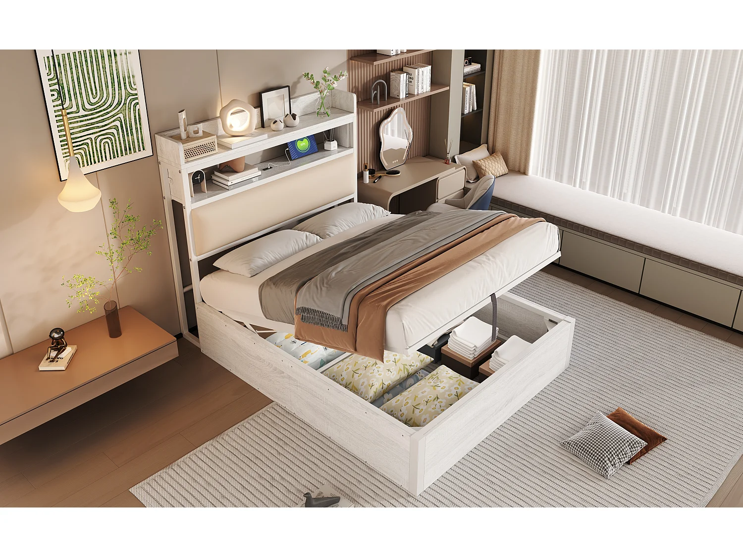 Lit coffre vintage - 90 x 200 - avec USB + tête de lit rembourrée avec rangement - Métal + tissu + MDF - blanc