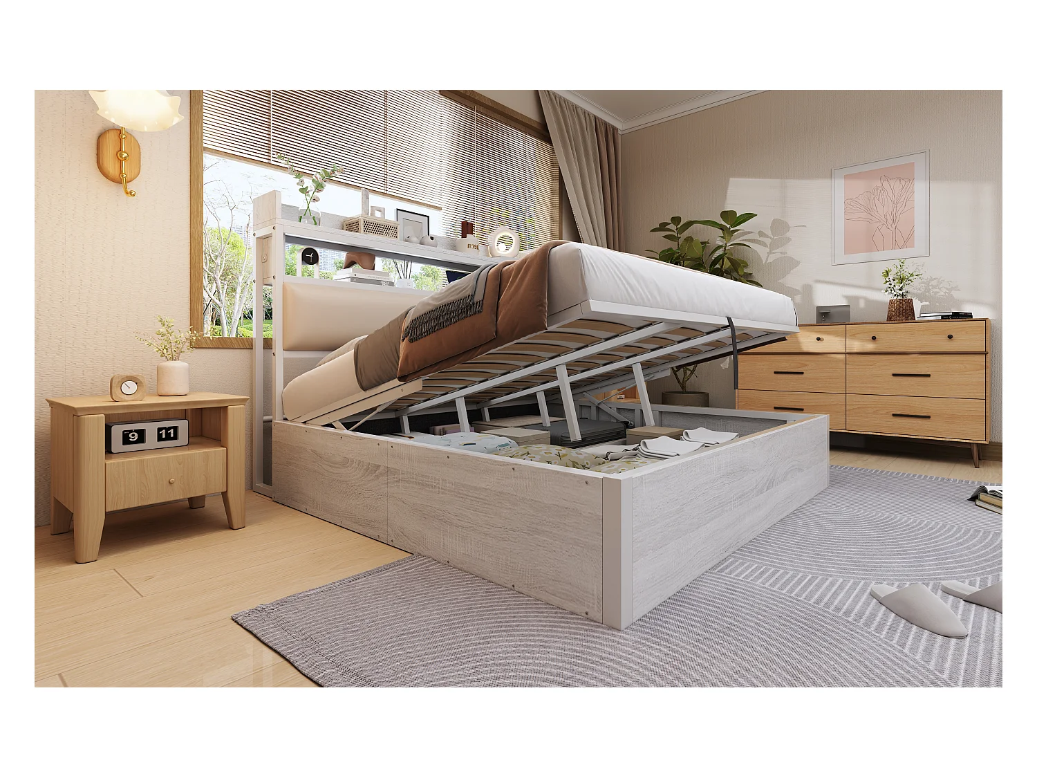 Lit coffre vintage - 180 x 200 - avec USB + tête de lit rembourrée avec rangement - Métal + tissu + MDF - blanc