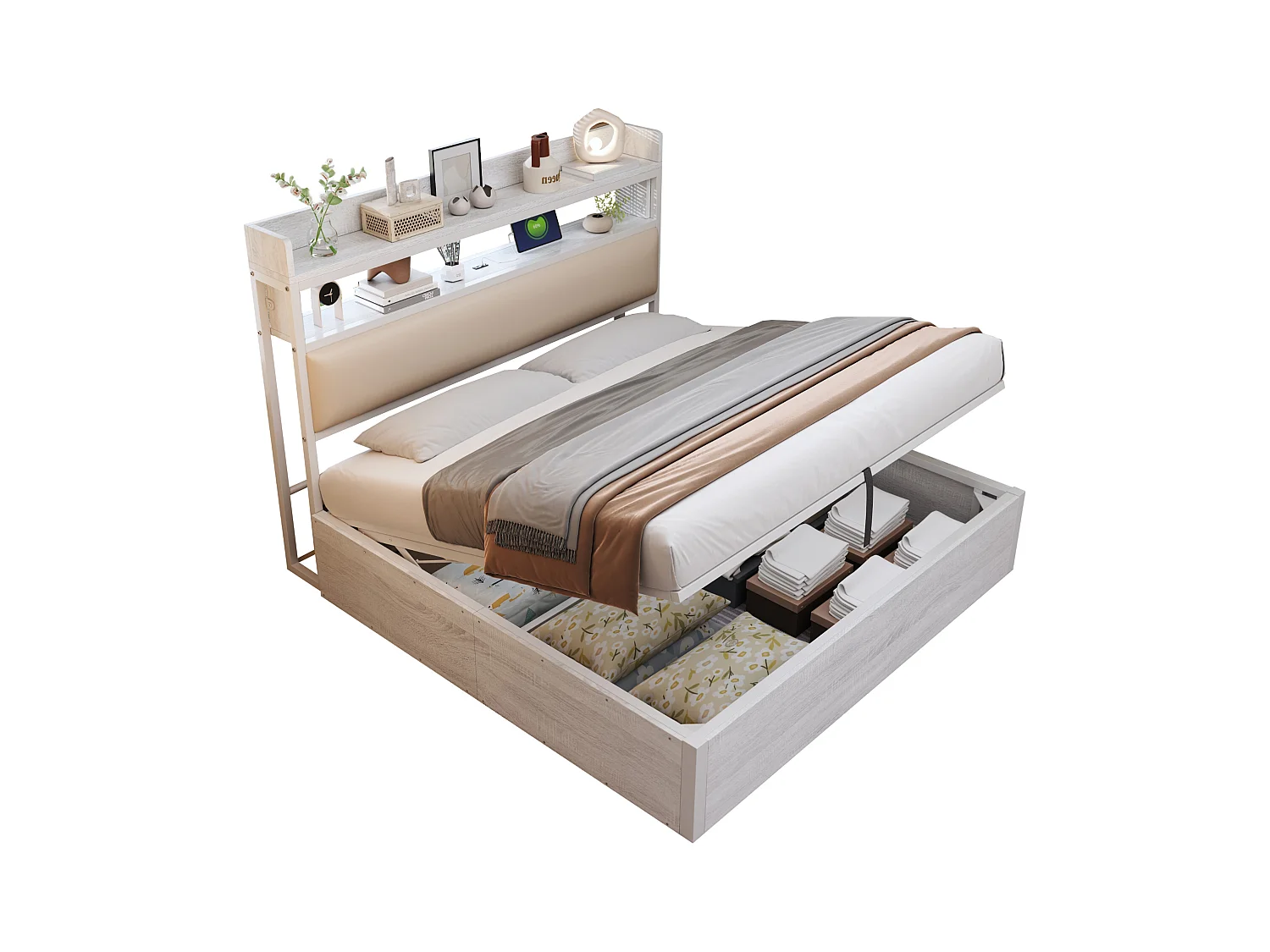 Lit coffre vintage - 180 x 200 - avec USB + tête de lit rembourrée avec rangement - Métal + tissu + MDF - blanc