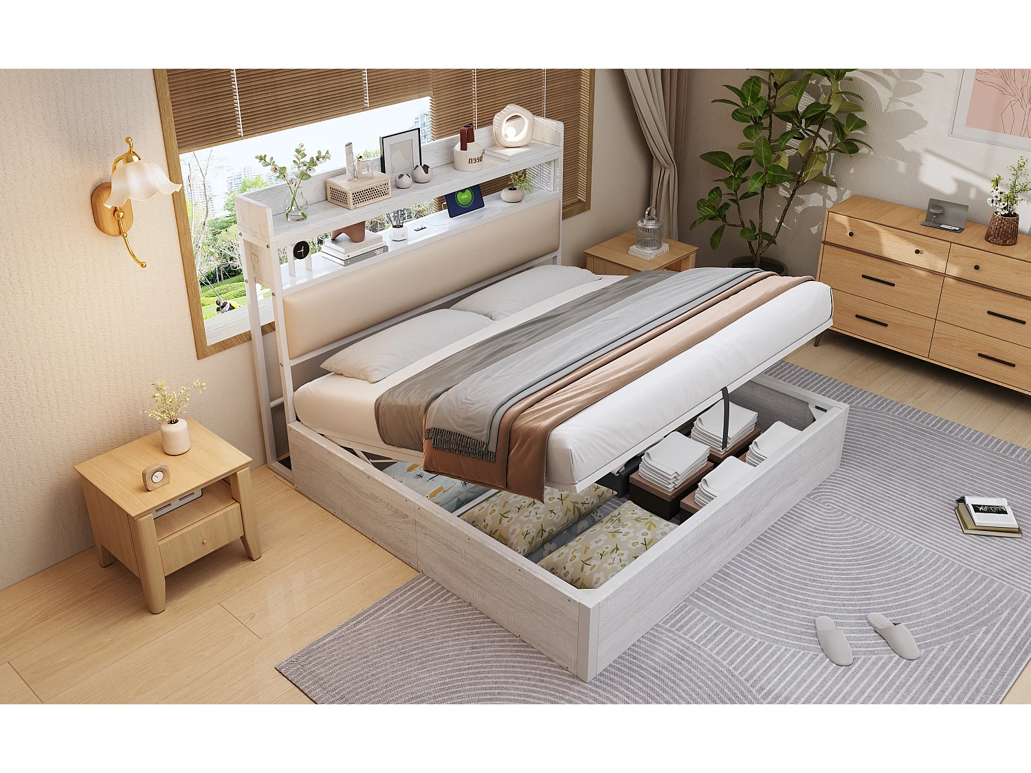 Lit coffre vintage - 180 x 200 - avec USB + tête de lit rembourrée avec rangement - Métal + tissu + MDF - blanc