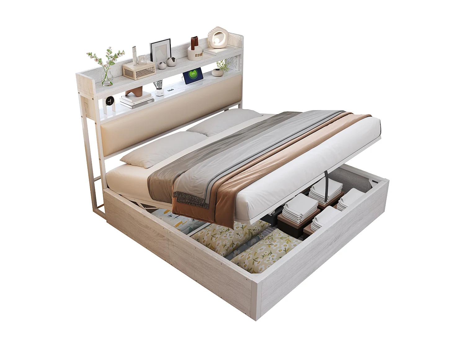 Lit coffre vintage - 180 x 200 - avec USB + tête de lit rembourrée avec rangement - Métal + tissu + MDF - blanc