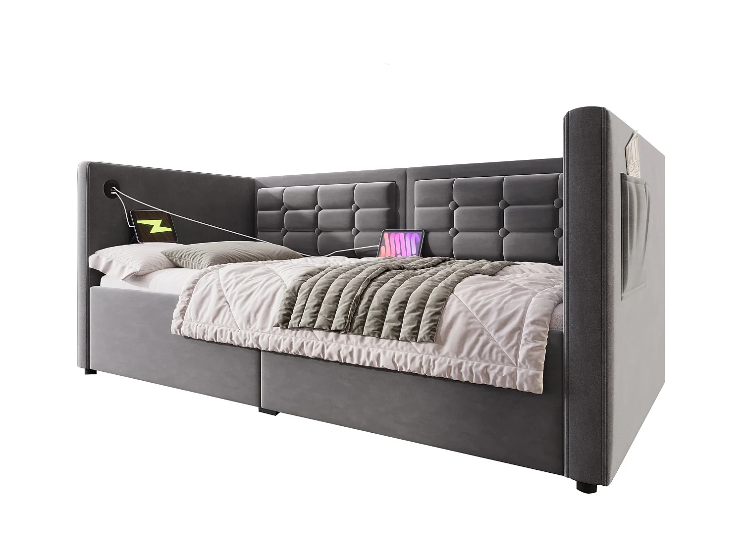 Sofa tapicerowana z funkcją spania - 90 x 200 cm - z hydraulicznym schowkiem + USB i Type-C - welur - szara