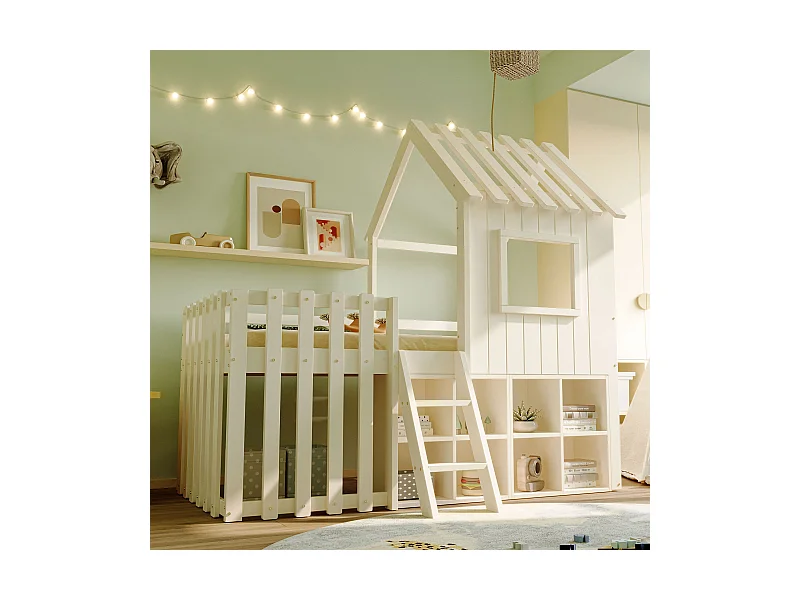 Lit cabane pour enfant - 90 x 200 - avec toit + fenêtre + rangement + échelle d'escalade - Pin + contreplaqué + MDF - blanc