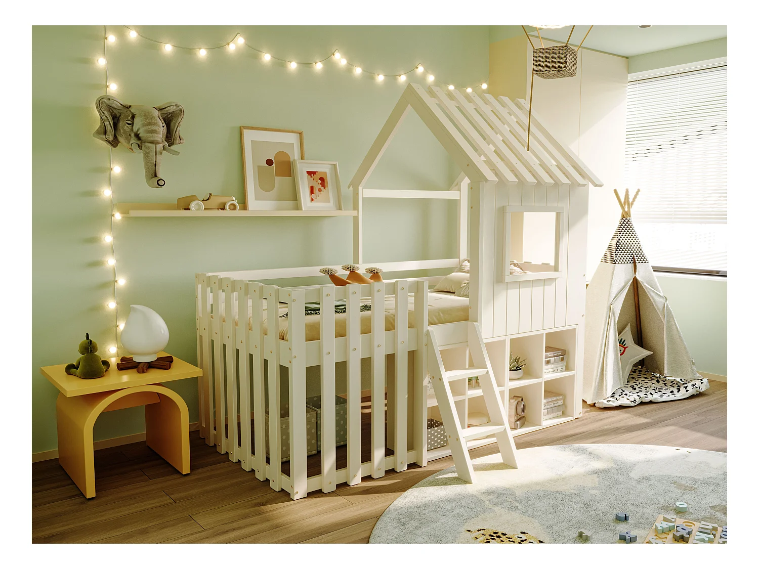 Lit cabane pour enfant - 90 x 200 - avec toit + fenêtre + rangement + échelle d'escalade - Pin + contreplaqué + MDF - blanc