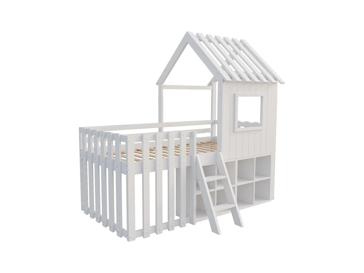 Lit cabane pour enfant - 90 x 200 - avec toit + fenêtre + rangement + échelle d'escalade - Pin + contreplaqué + MDF - blanc