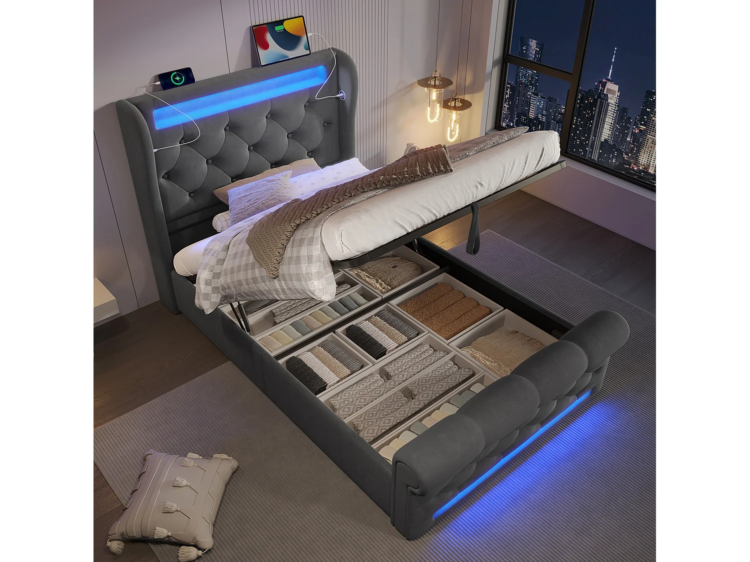 Cama con canapé tapizada - 90 x 200 cm - con LED - cabecero con canapé y USB - terciopelo - gris