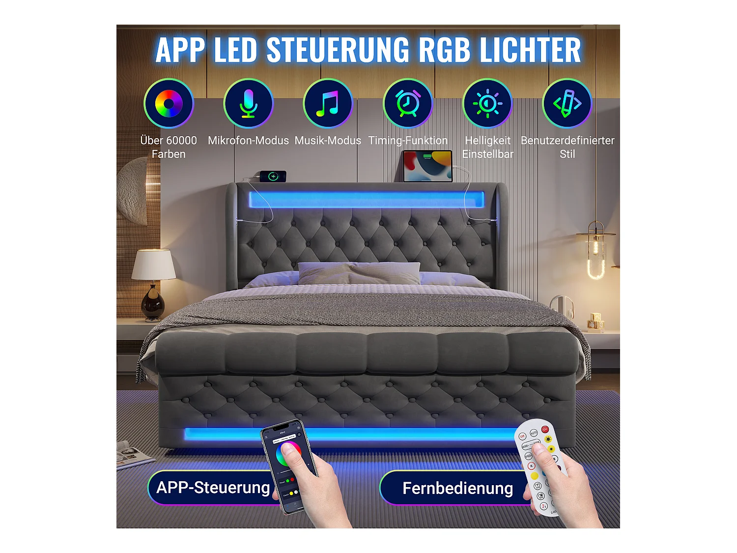 Lit coffre rembourré - 160 x 200 cm - avec Leds - tête de lit avec rangement et USB - avec matelas - velours - gris