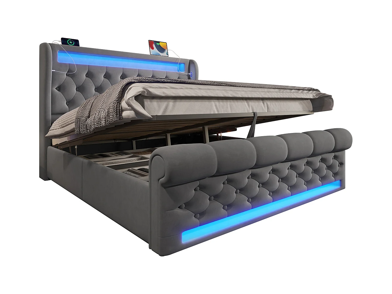 Lit coffre rembourré - 160 x 200 cm - avec Leds - tête de lit avec rangement et USB - avec matelas - velours - gris