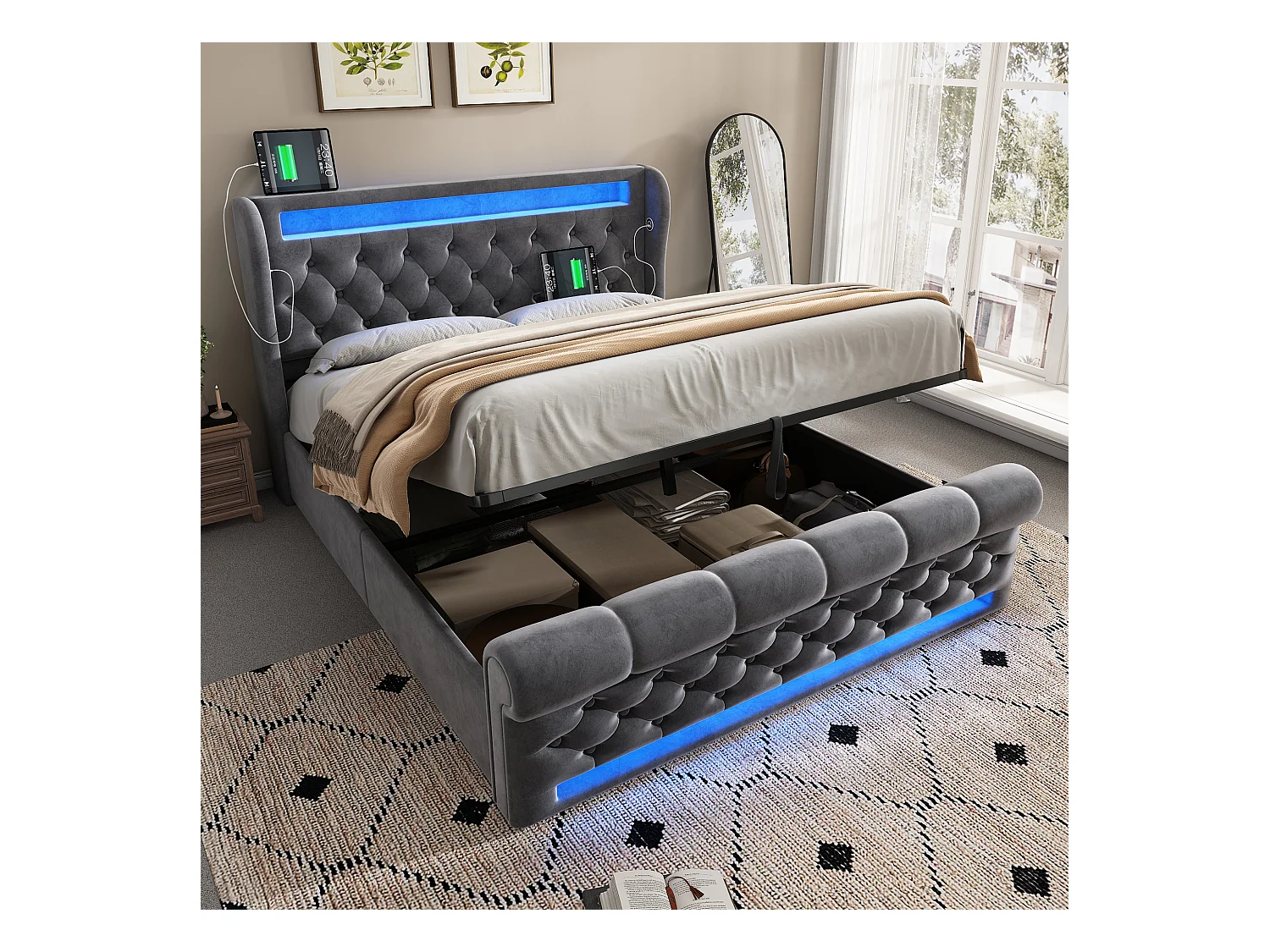 Lit coffre rembourré - 160 x 200 cm - avec Leds - tête de lit avec rangement et USB - avec matelas - velours - gris