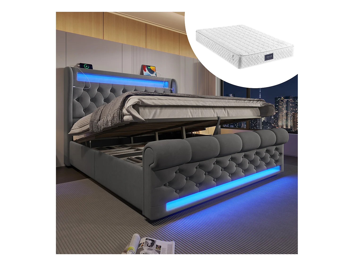 Lit coffre rembourré - 160 x 200 cm - avec Leds - tête de lit avec rangement et USB - avec matelas - velours - gris