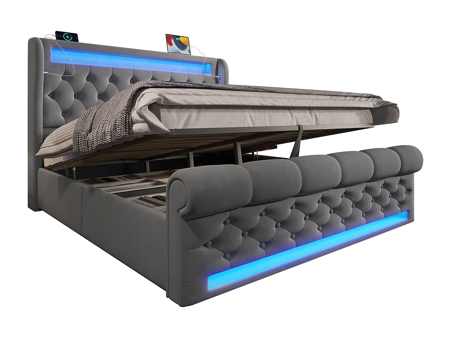 Lit coffre rembourré - 160 x 200 cm - avec Leds - tête de lit avec rangement et USB - avec matelas - velours - gris