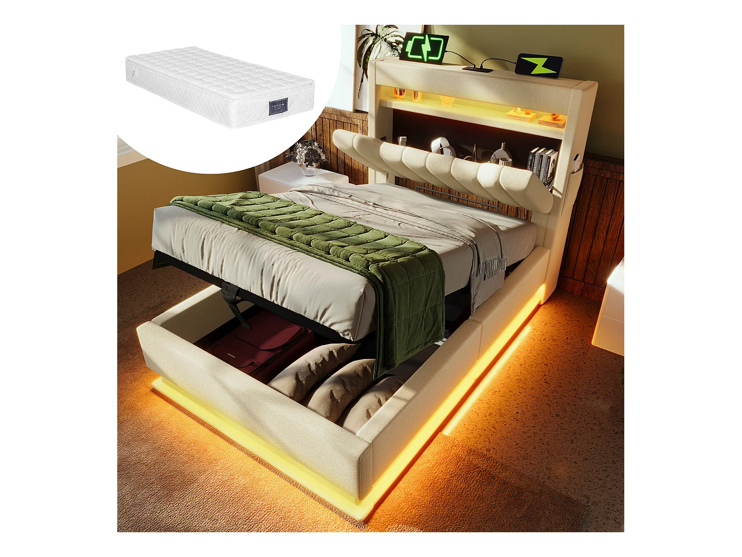 Letto contenitore imbottito - 90 x 200 cm - testiera contenitore con USB e Type-C - con LED - con materasso - lino - beige