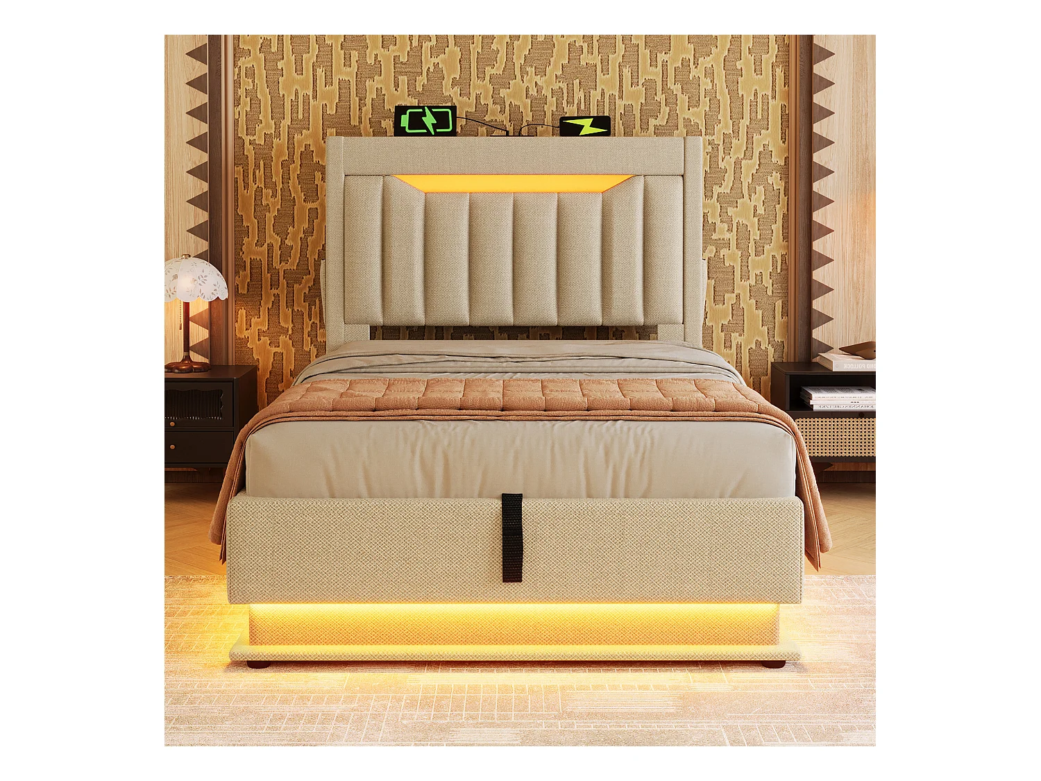 Lit coffre capitonné - 90 x 200 cm - tête de lit coffre avec USB et Type-C - avec Leds - avec matelas - lin - beige
