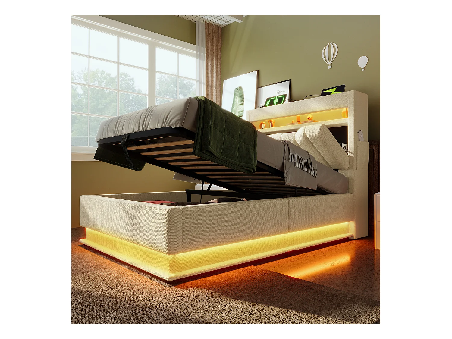 Lit coffre capitonné - 90 x 200 cm - tête de lit coffre avec USB et Type-C - avec Leds - avec matelas - lin - beige