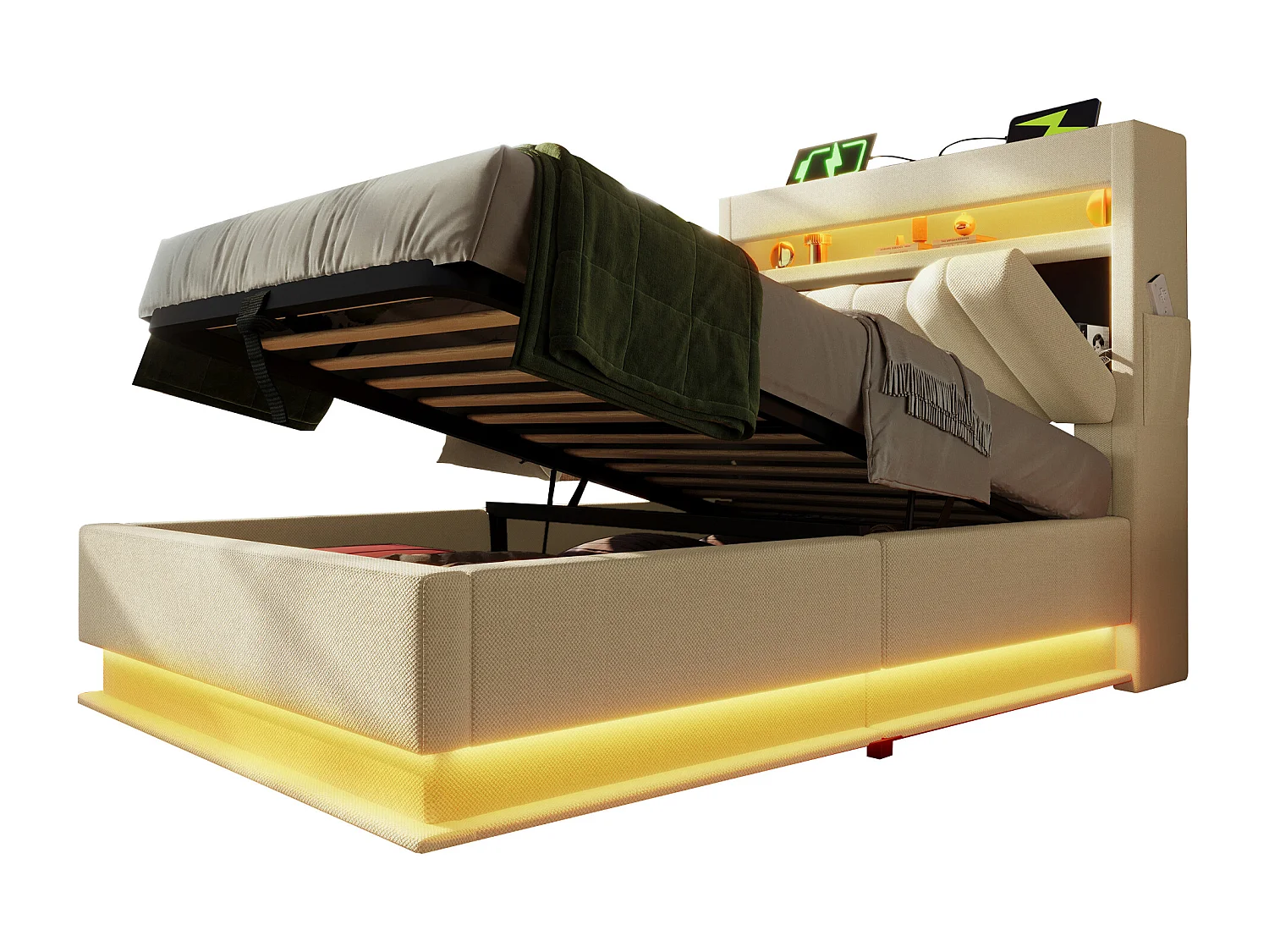 Lit coffre capitonné - 90 x 200 cm - tête de lit coffre avec USB et Type-C - avec Leds - avec matelas - lin - beige